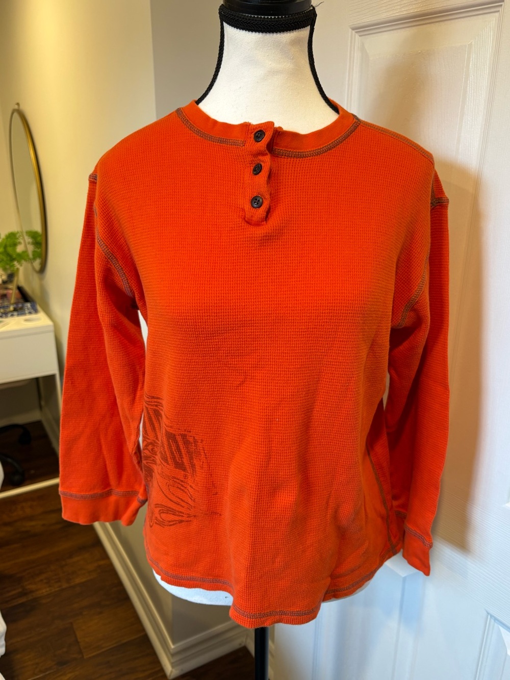 Harley-Davidson Boys L Orange Waffle Knit Thermal Henley Y2K